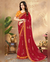 Vishal Prints Paprika Red Printed Chiffon Traditional Print Saree With Foil Print And Weaved Satin Patta Cut Work Border