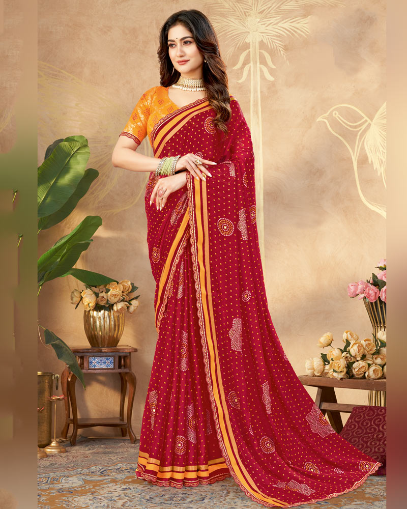 Vishal Prints Paprika Red Printed Chiffon Traditional Print Saree With Foil Print And Weaved Satin Patta Cut Work Border