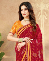 Vishal Prints Paprika Red Printed Chiffon Traditional Print Saree With Foil Print And Weaved Satin Patta Cut Work Border