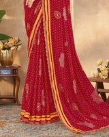 Vishal Prints Paprika Red Printed Chiffon Traditional Print Saree With Foil Print And Weaved Satin Patta Cut Work Border