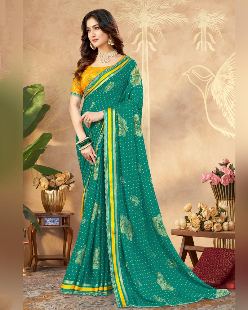 Vishal Prints Pine Green Printed Chiffon Traditional Print Saree With Foil Print And Weaved Satin Patta Cut Work Border