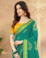 Vishal Prints Pine Green Printed Chiffon Traditional Print Saree With Foil Print And Weaved Satin Patta Cut Work Border