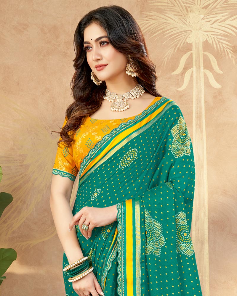 Vishal Prints Pine Green Printed Chiffon Traditional Print Saree With Foil Print And Weaved Satin Patta Cut Work Border