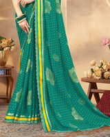Vishal Prints Pine Green Printed Chiffon Traditional Print Saree With Foil Print And Weaved Satin Patta Cut Work Border