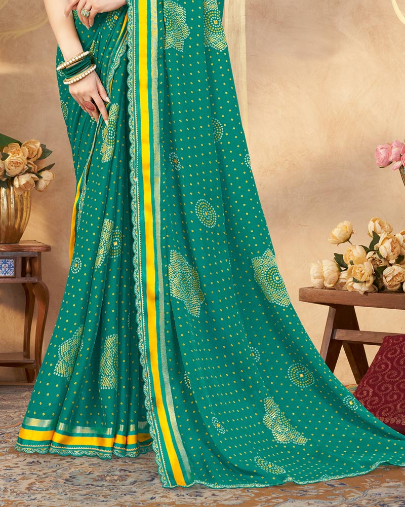 Vishal Prints Pine Green Printed Chiffon Traditional Print Saree With Foil Print And Weaved Satin Patta Cut Work Border