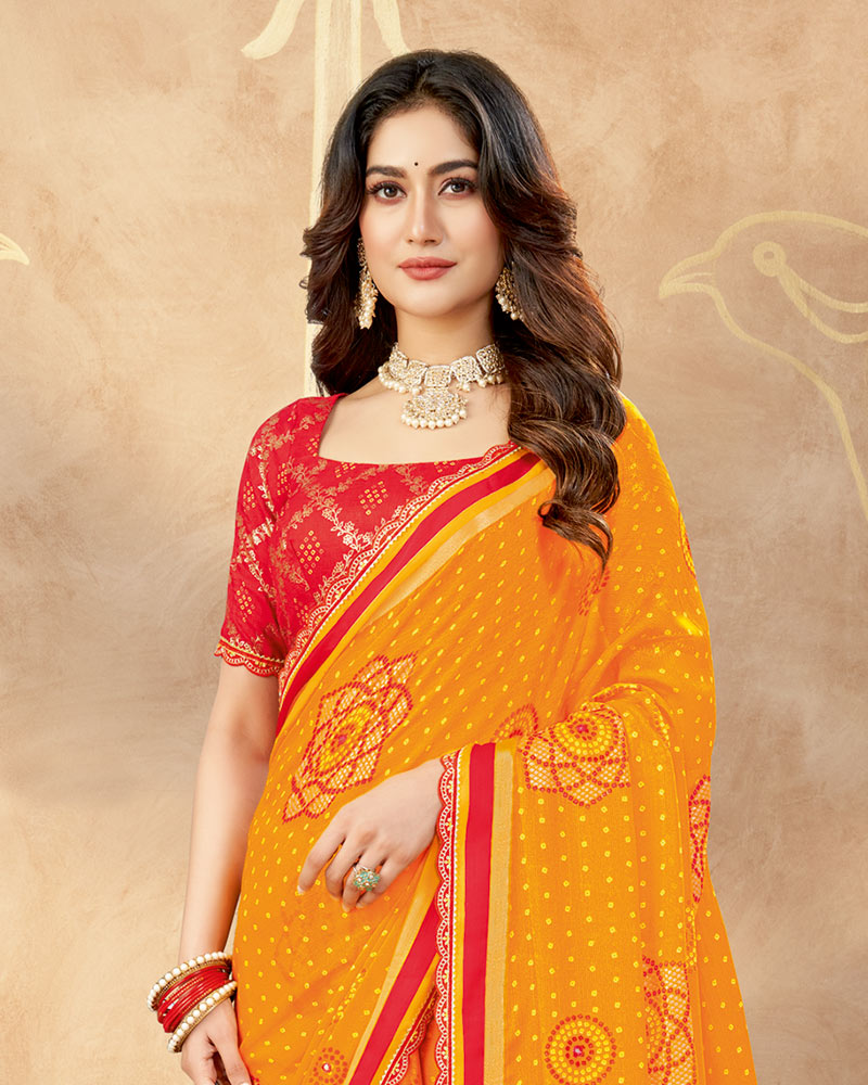 Vishal Prints Carrot Orange Printed Chiffon Traditional Print Saree With Foil Print And Weaved Satin Patta Cut Work Border