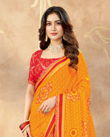Vishal Prints Carrot Orange Printed Chiffon Traditional Print Saree With Foil Print And Weaved Satin Patta Cut Work Border