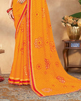 Vishal Prints Carrot Orange Printed Chiffon Traditional Print Saree With Foil Print And Weaved Satin Patta Cut Work Border
