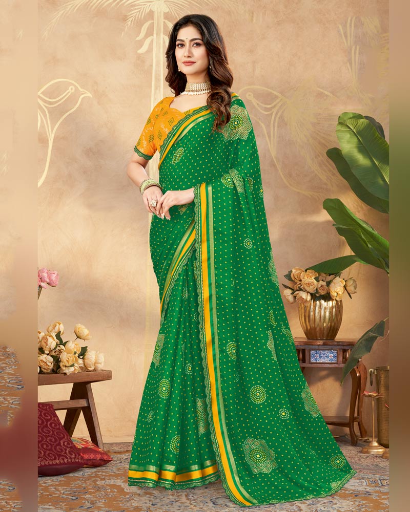 Vishal Prints Dark Spring Green Printed Chiffon Traditional Print Saree With Foil Print And Weaved Satin Patta Cut Work Border