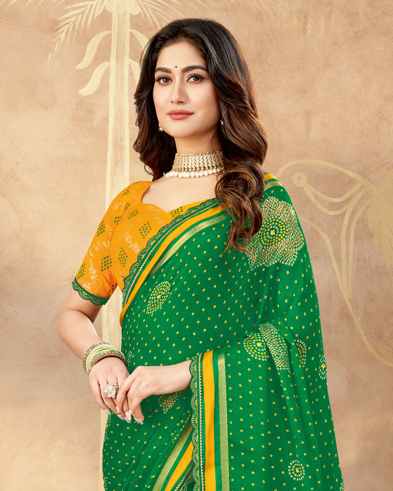 Vishal Prints Dark Spring Green Printed Chiffon Traditional Print Saree With Foil Print And Weaved Satin Patta Cut Work Border