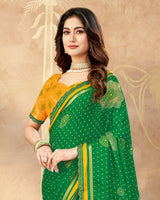 Vishal Prints Dark Spring Green Printed Chiffon Traditional Print Saree With Foil Print And Weaved Satin Patta Cut Work Border