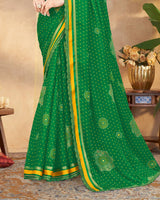 Vishal Prints Dark Spring Green Printed Chiffon Traditional Print Saree With Foil Print And Weaved Satin Patta Cut Work Border