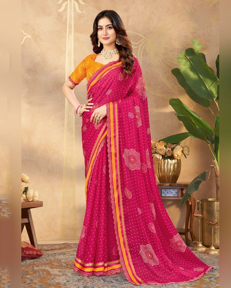 Vishal Prints Raspberry Pink Printed Chiffon Traditional Print Saree With Foil Print And Weaved Satin Patta Cut Work Border