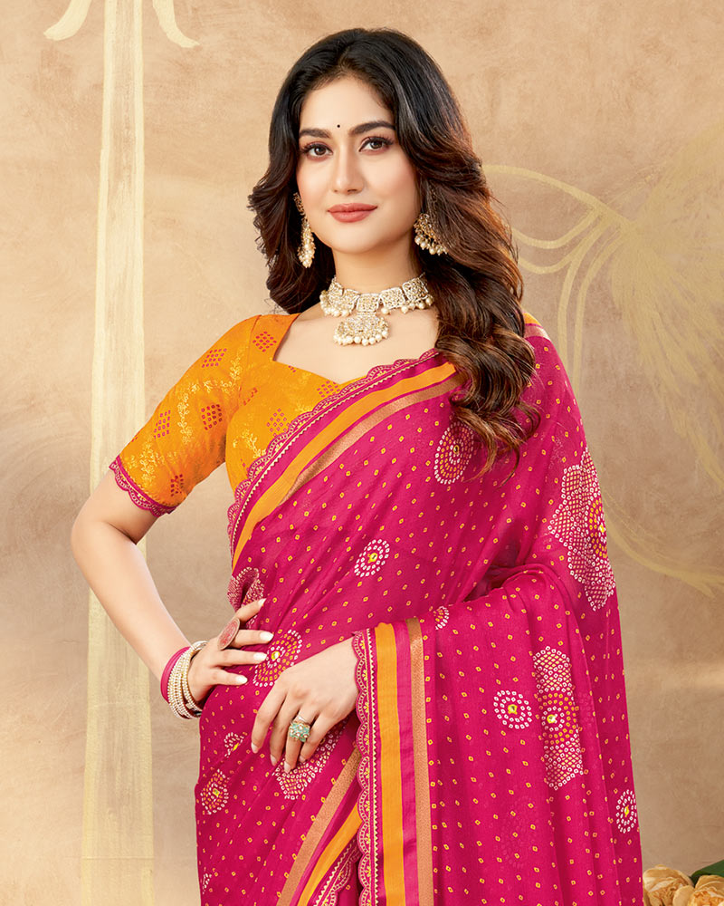 Vishal Prints Raspberry Pink Printed Chiffon Traditional Print Saree With Foil Print And Weaved Satin Patta Cut Work Border