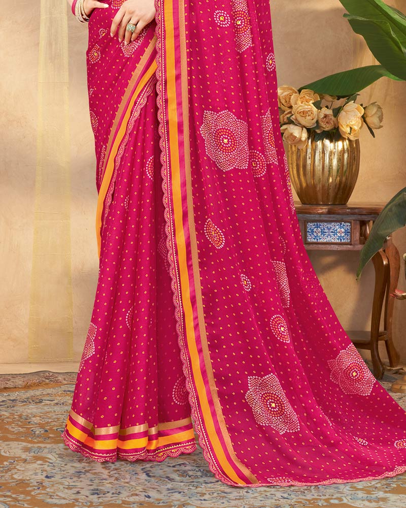 Vishal Prints Raspberry Pink Printed Chiffon Traditional Print Saree With Foil Print And Weaved Satin Patta Cut Work Border