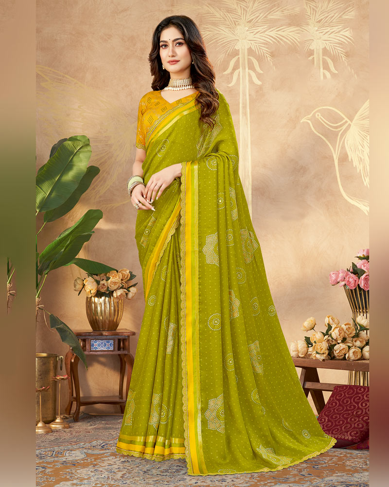 Vishal Prints Olive Yellow Printed Chiffon Traditional Print Saree With Foil Print And Weaved Satin Patta Cut Work Border