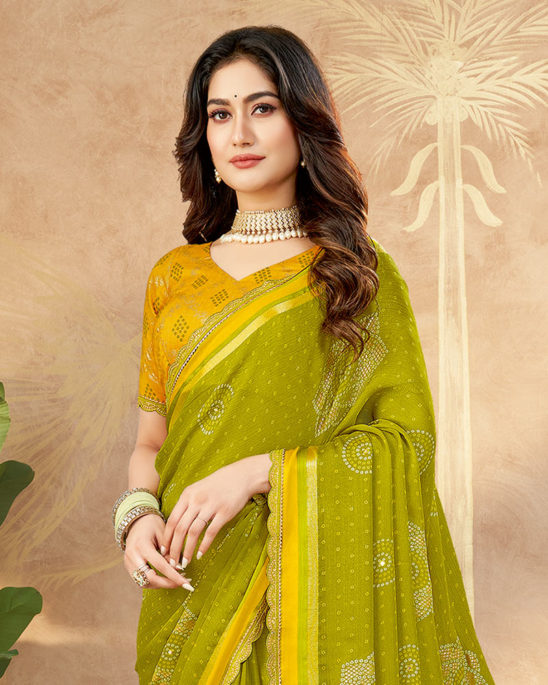 Vishal Prints Olive Yellow Printed Chiffon Traditional Print Saree With Foil Print And Weaved Satin Patta Cut Work Border