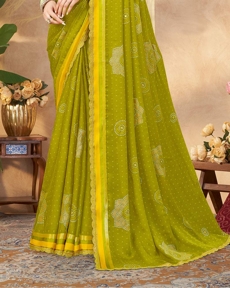 Vishal Prints Olive Yellow Printed Chiffon Traditional Print Saree With Foil Print And Weaved Satin Patta Cut Work Border