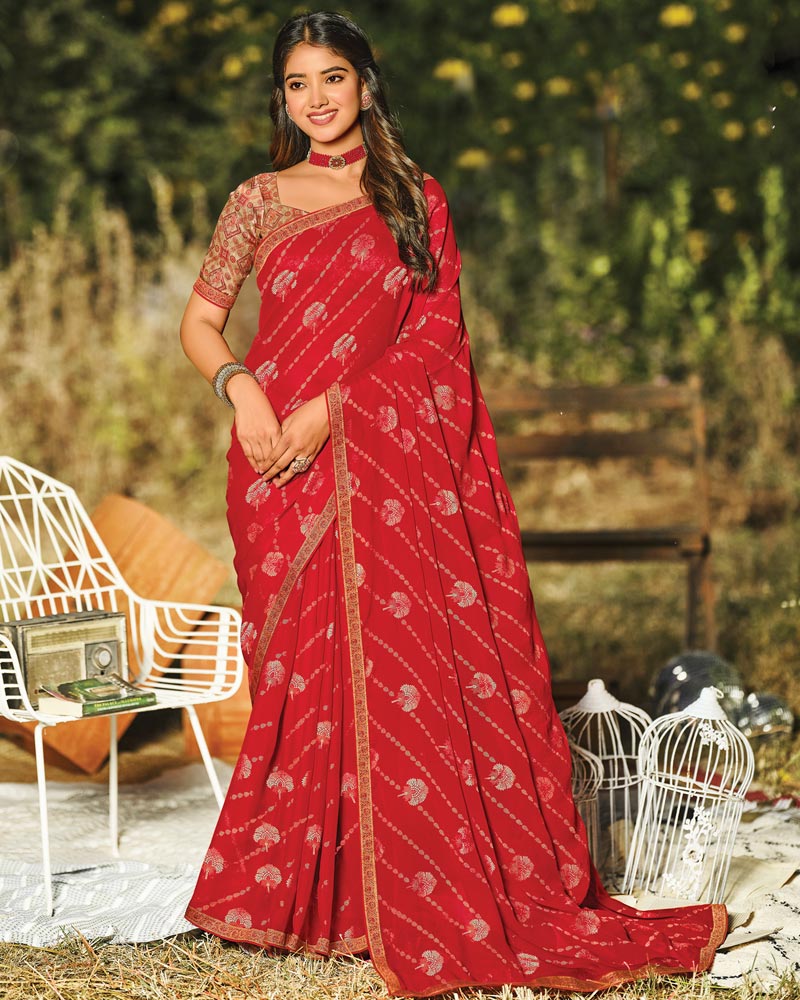 Vishal Prints Chili Red Printed Silk Brasso Saree With Foil Print And Zari Border