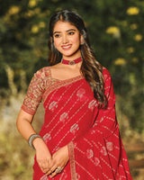 Vishal Prints Chili Red Printed Silk Brasso Saree With Foil Print And Zari Border