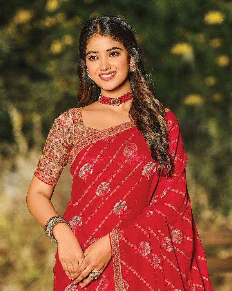 Vishal Prints Chili Red Printed Silk Brasso Saree With Foil Print And Zari Border