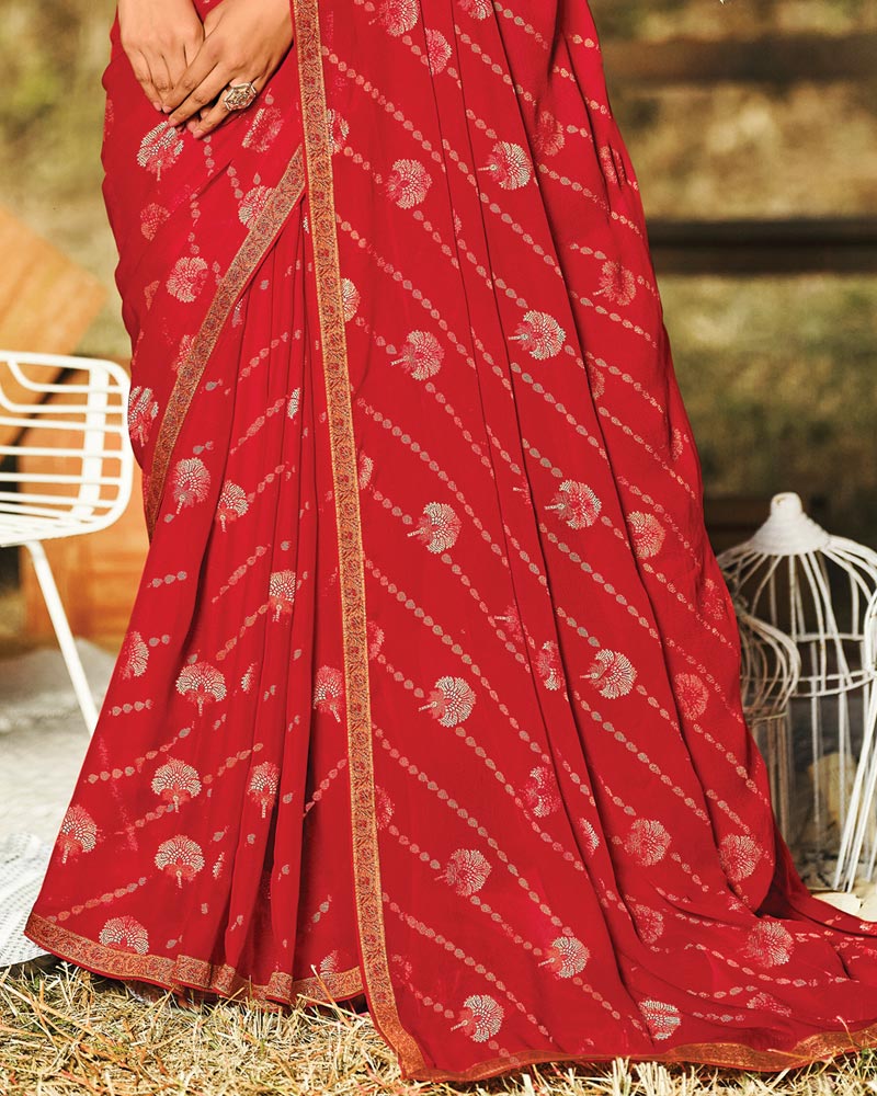 Vishal Prints Chili Red Printed Silk Brasso Saree With Foil Print And Zari Border