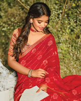 Vishal Prints Chili Red Printed Silk Brasso Saree With Foil Print And Zari Border
