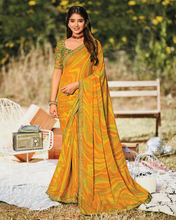 Vishal Prints Yellowish Orange Printed Silk Brasso Saree With Zari Border