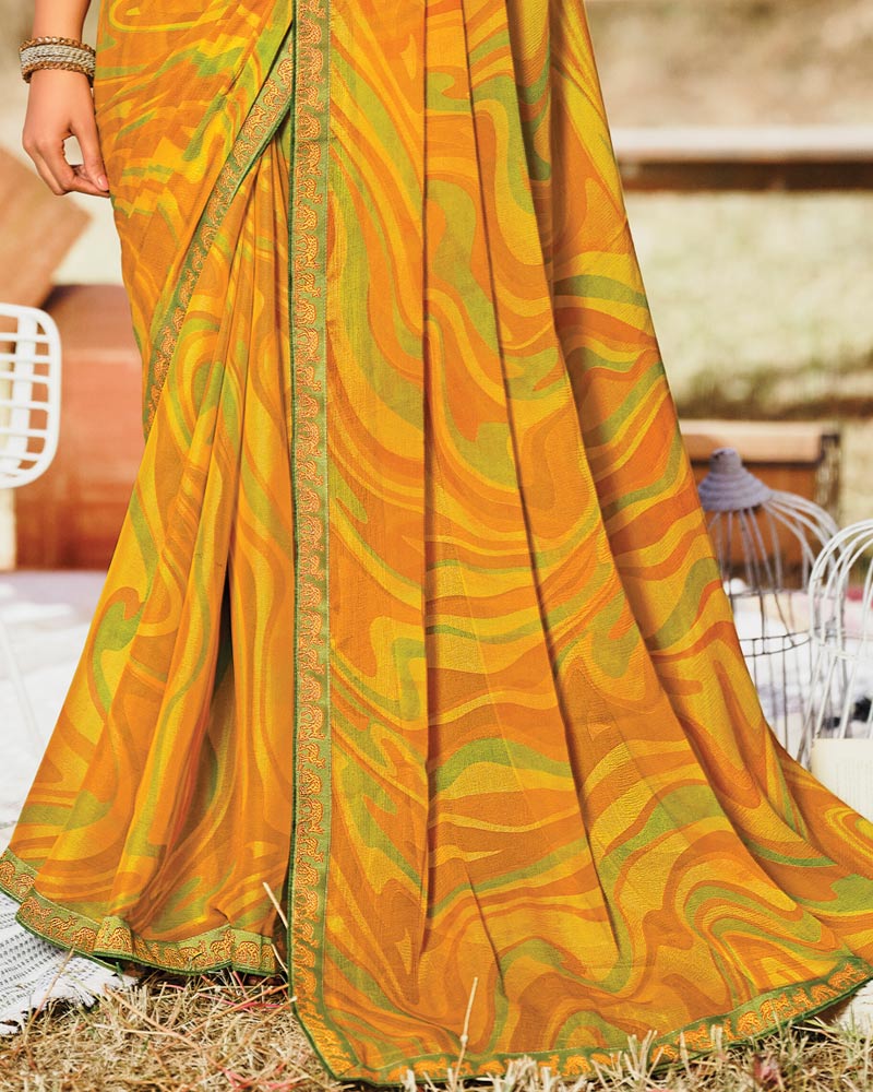 Vishal Prints Yellowish Orange Printed Silk Brasso Saree With Zari Border