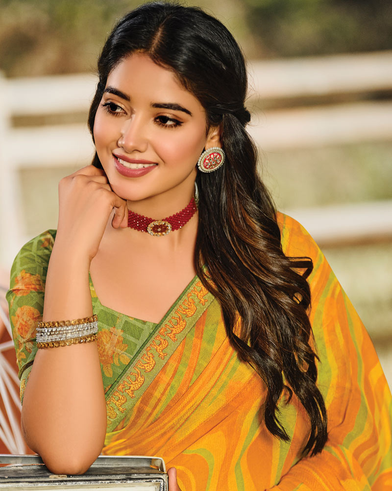 Vishal Prints Yellowish Orange Printed Silk Brasso Saree With Zari Border