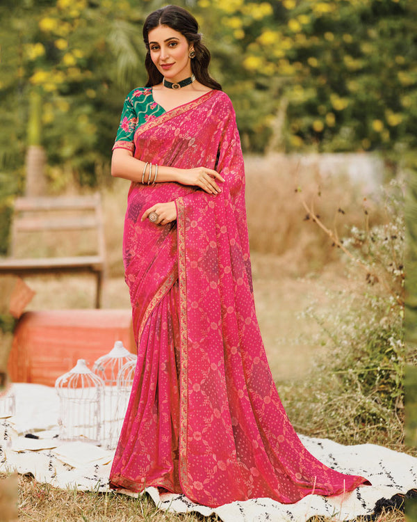 Vishal Prints Deep Carmine Pink Printed Silk Brasso Saree With Zari Border