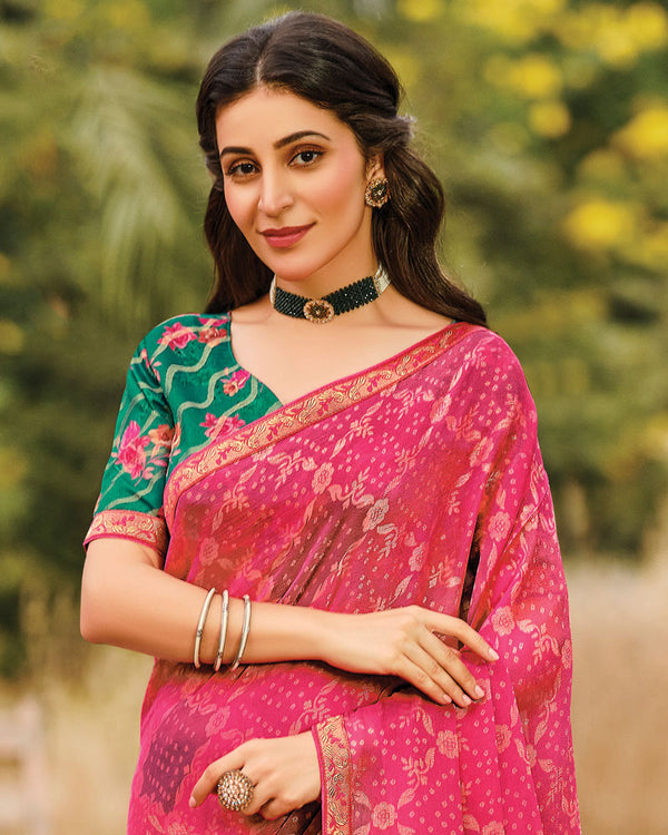 Vishal Prints Deep Carmine Pink Printed Silk Brasso Saree With Zari Border