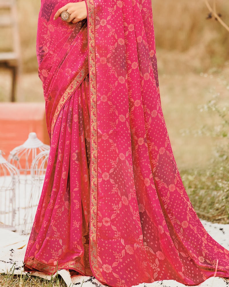 Vishal Prints Deep Carmine Pink Printed Silk Brasso Saree With Zari Border