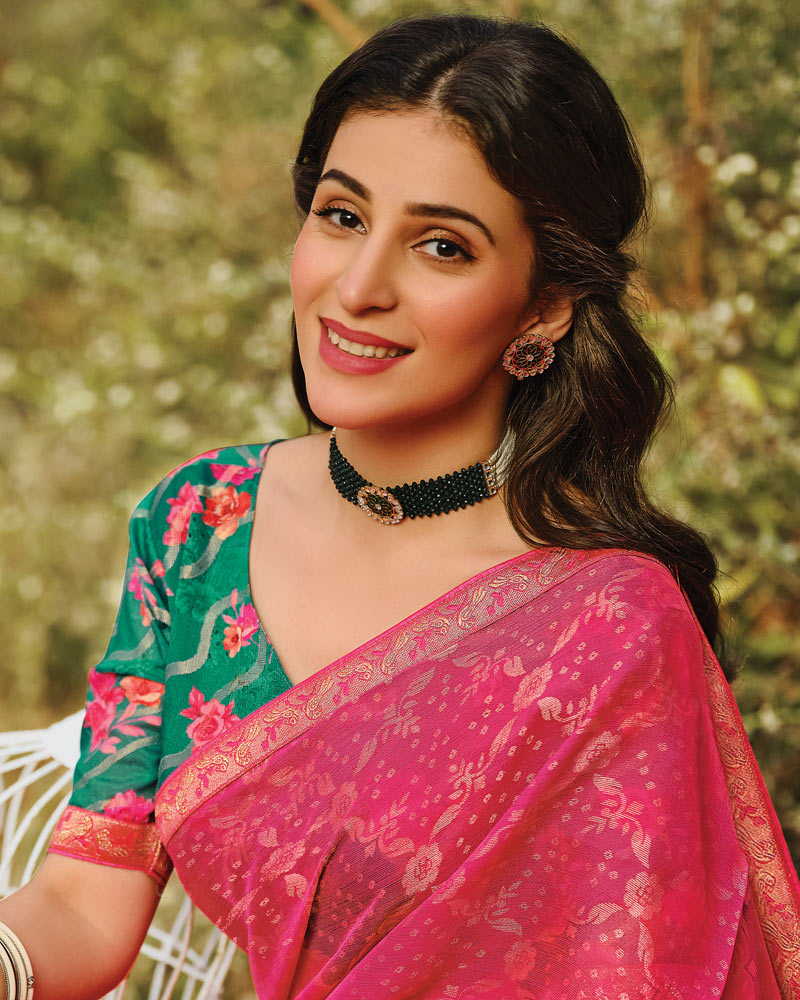 Vishal Prints Deep Carmine Pink Printed Silk Brasso Saree With Zari Border