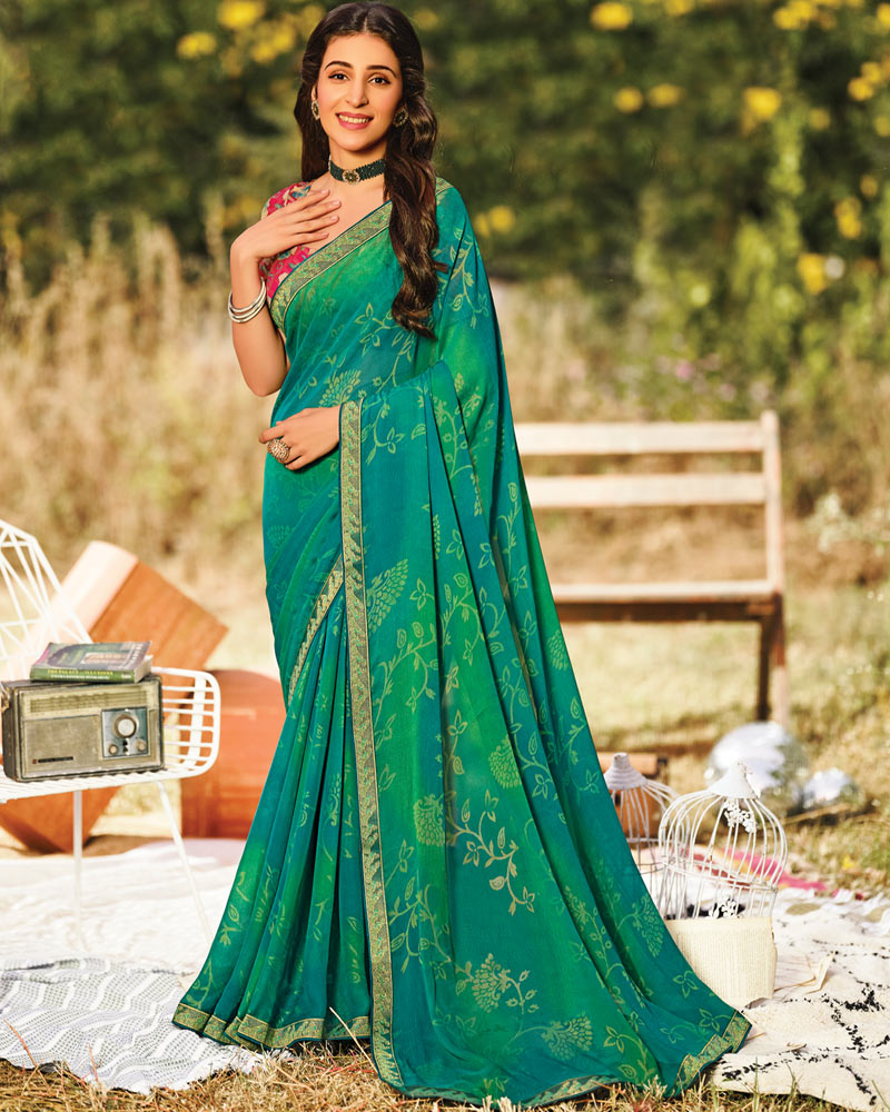Vishal Prints Deep Aqua Green Printed Silk Brasso Saree With Zari Border