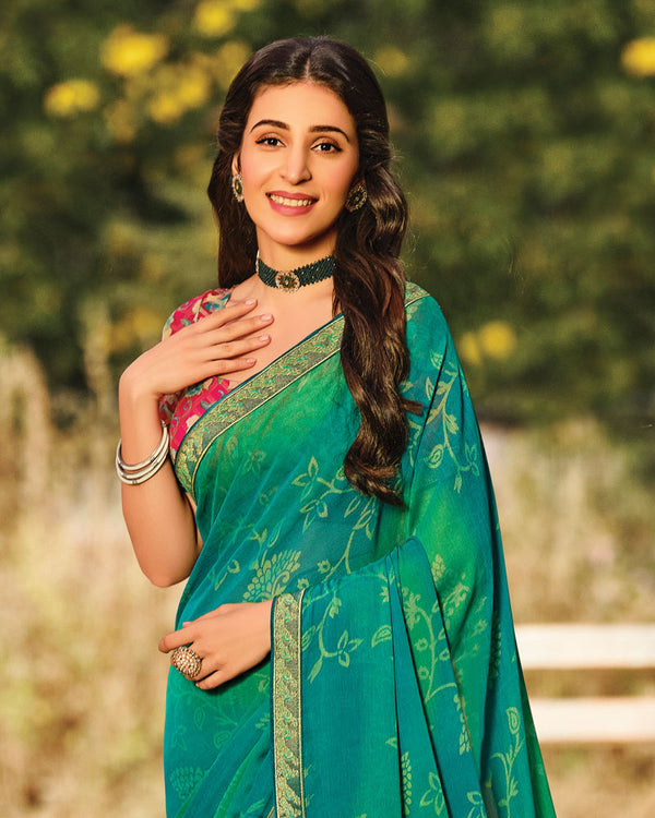 Vishal Prints Deep Aqua Green Printed Silk Brasso Saree With Zari Border