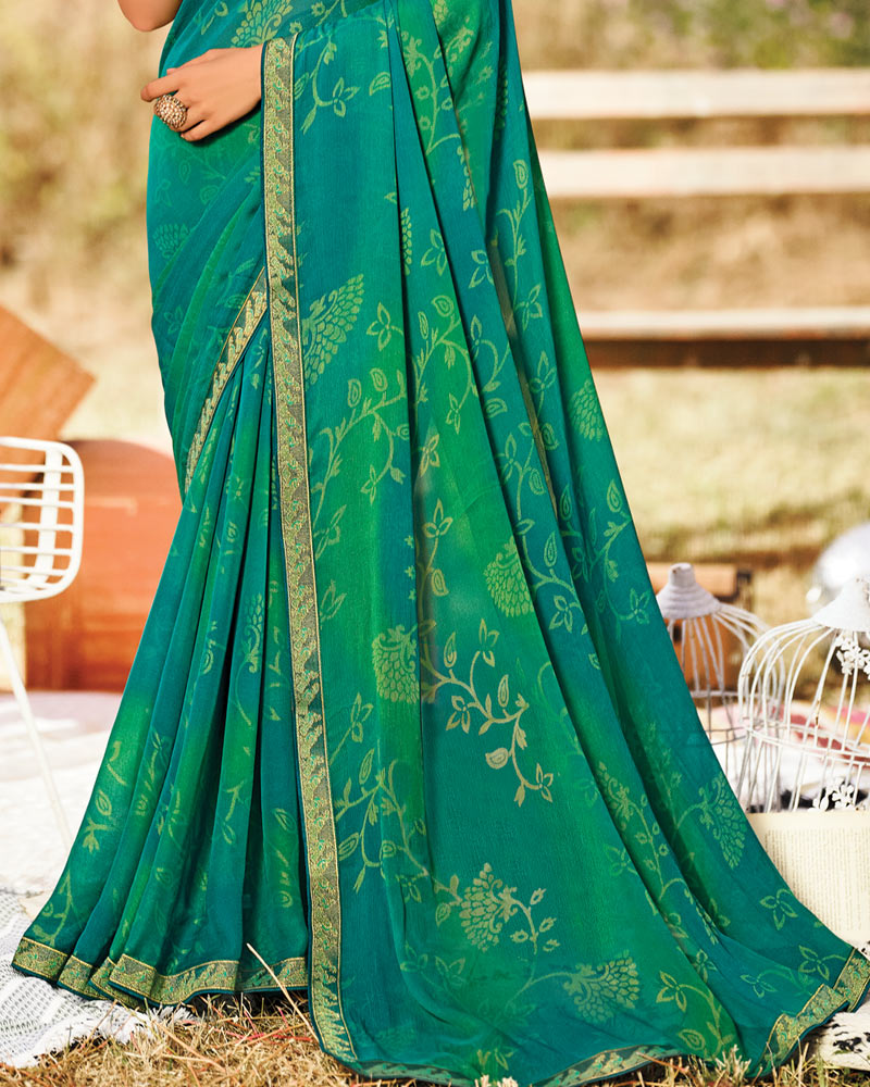 Vishal Prints Deep Aqua Green Printed Silk Brasso Saree With Zari Border