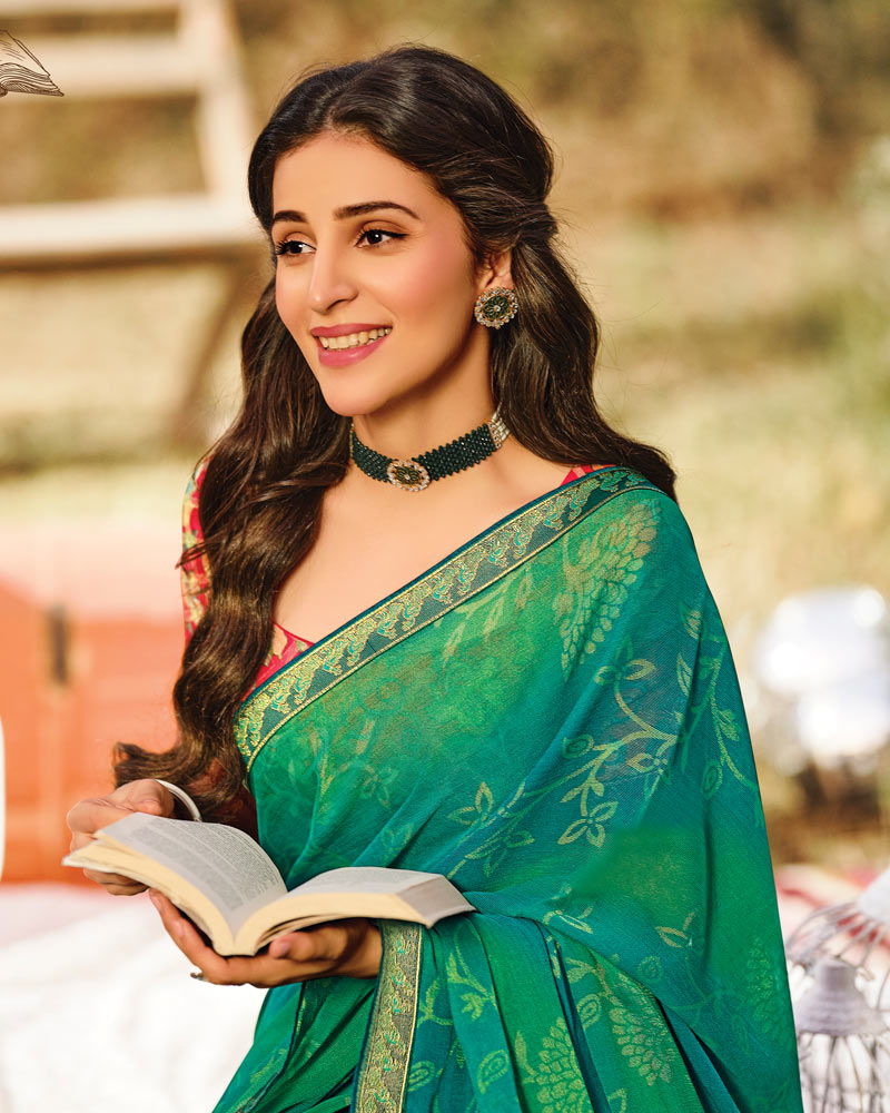 Vishal Prints Deep Aqua Green Printed Silk Brasso Saree With Zari Border