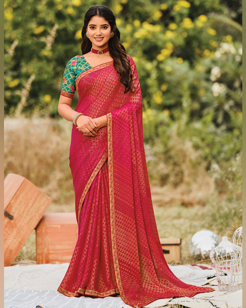 Vishal Prints Pinkish Red Printed Silk Brasso Saree With Zari Border