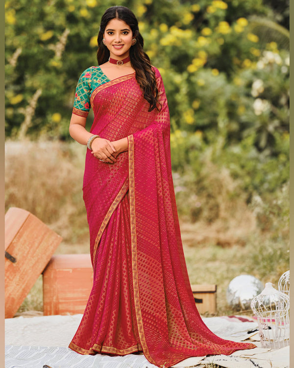 Vishal Prints Pinkish Red Printed Silk Brasso Saree With Zari Border