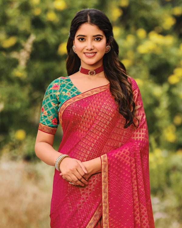 Vishal Prints Pinkish Red Printed Silk Brasso Saree With Zari Border