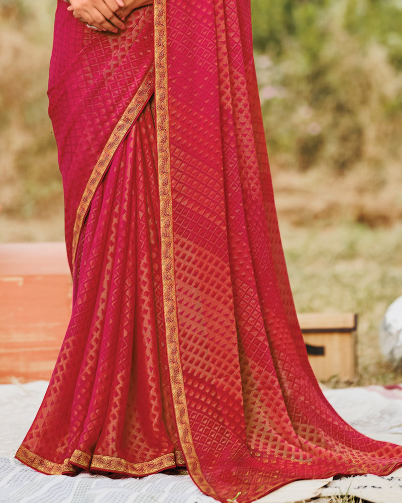 Vishal Prints Pinkish Red Printed Silk Brasso Saree With Zari Border