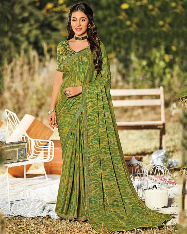 Vishal Prints Khaki Green Printed Silk Brasso Saree With Zari Border