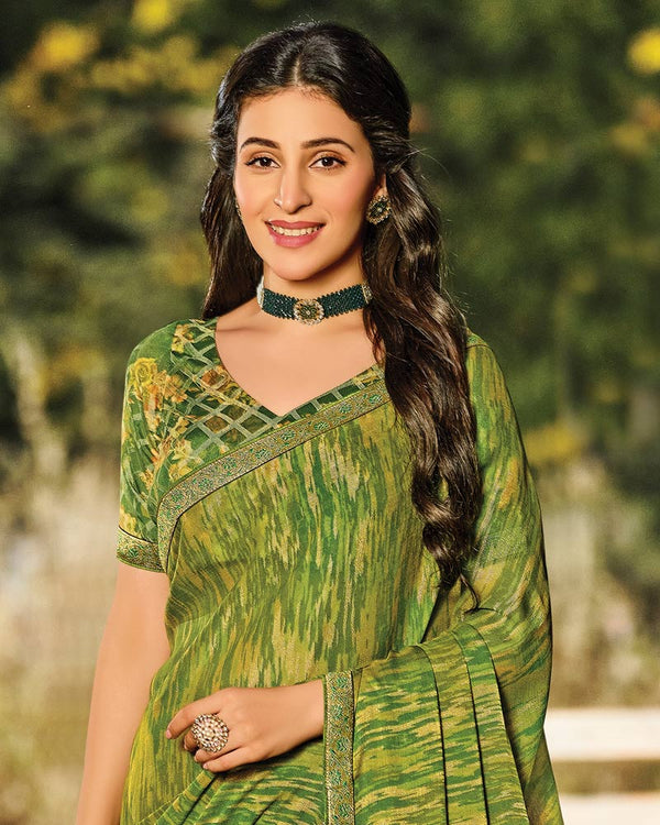 Vishal Prints Khaki Green Printed Silk Brasso Saree With Zari Border
