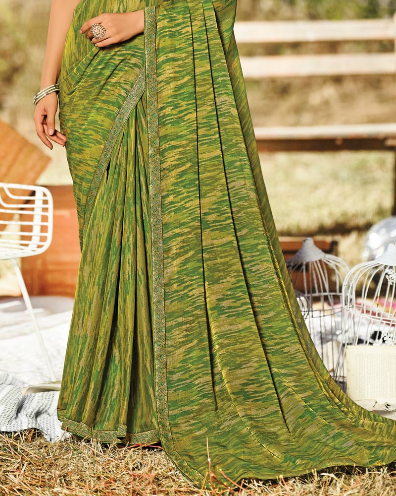 Vishal Prints Khaki Green Printed Silk Brasso Saree With Zari Border