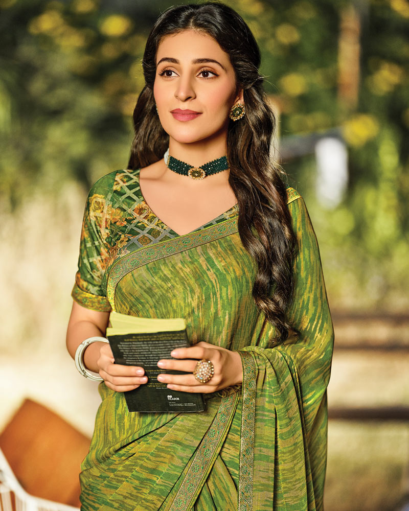 Vishal Prints Khaki Green Printed Silk Brasso Saree With Zari Border