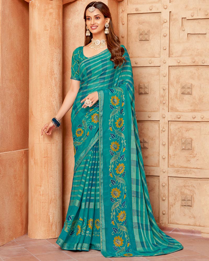Vishal Prints Teal Blue Printed Designer Chiffon Saree With Foil Print And Zari Piping