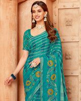 Vishal Prints Teal Blue Printed Designer Chiffon Saree With Foil Print And Zari Piping