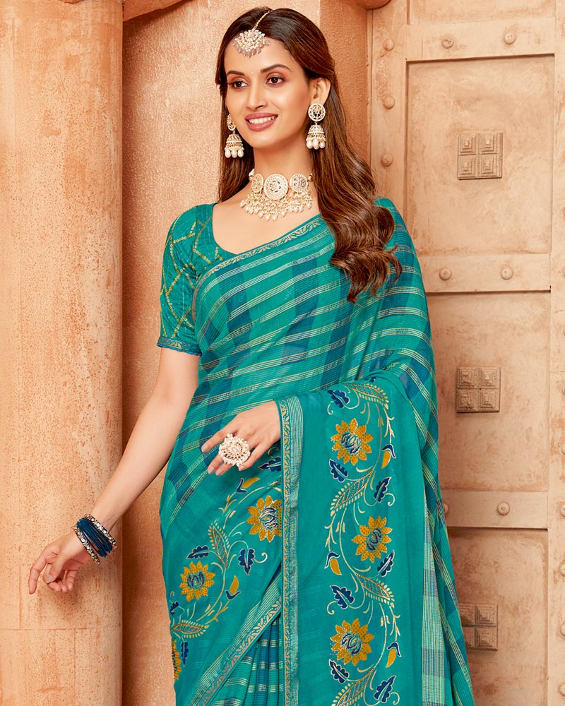 Vishal Prints Teal Blue Printed Designer Chiffon Saree With Foil Print And Zari Piping