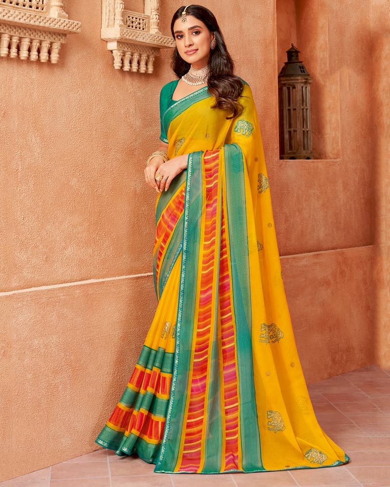 Vishal Prints Dark Yellow Printed Designer Chiffon Saree With Foil Print And Zari Piping